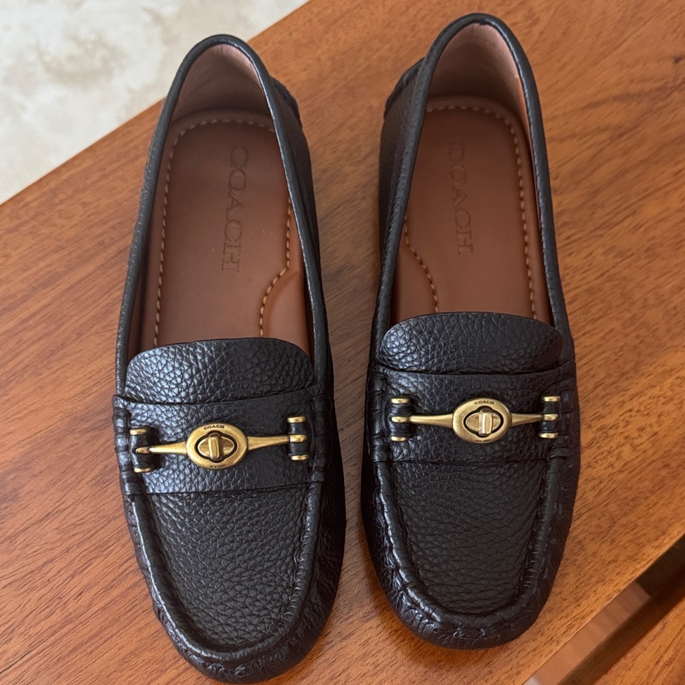 Coach Black Leather Loafers with Gold Accents